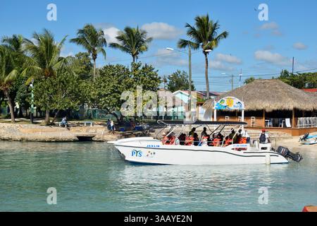 Repubblica Dominicana, Bayahibe, barca turistica nel porto di Bayahibe Foto Stock