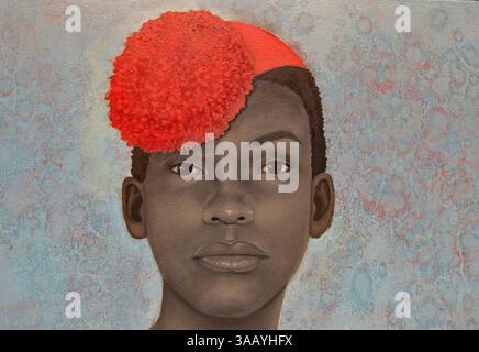 1° giugno 2018 - Chapel Hill, NC, USA - Una foto dettagliata di "Miss Everything" (Deliverance senza soppressione) in mostra presso l'Ackland Art Museum di Chapel Hill, N.C. parte della mostra "The Outwin: American Portraiture Today", il dipinto di Amy Sherald ha vinto il primo posto nel 2016 Outwin Boochever Portrait Competition. Sherald ha ricevuto importanza dopo essere stato nominato l'artista commissionato per il ritratto ufficiale dell'ex first lady Michelle Obama. (Immagine di credito: © Chuck Liddy/TNS via cavo ZUMA) Foto Stock