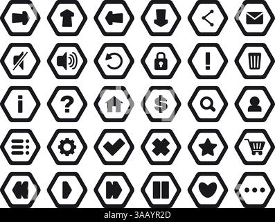 Icone di gioco in bianco e nero per il menu di riproduzione volume audio. Interrompere e mettere in pausa. Simbolo grafico del cruscotto. Browser del computer. Ricerca lente di ingrandimento. Esagono UI Illustrazione Vettoriale