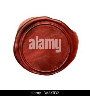 Timbro classico in cera rosso vintage con un semplice design circolare su sfondo bianco con percorso di ritaglio Foto Stock