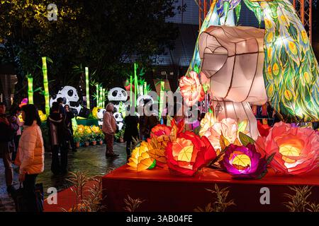 Sculture in carta realizzate dal Maestro Mo Cheuk-kei che celebrano il Capodanno cinese alla Sinfonia delle luci accanto al Victoria Harbour, Kowloon, Hong Kong Foto Stock