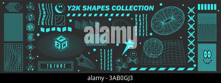 Geometria astratta forme e modelli a reticolo hud, elementi cyberpunk, icone e griglia prospettica. Segni geometrici surreali. futu psichedelico rave Illustrazione Vettoriale