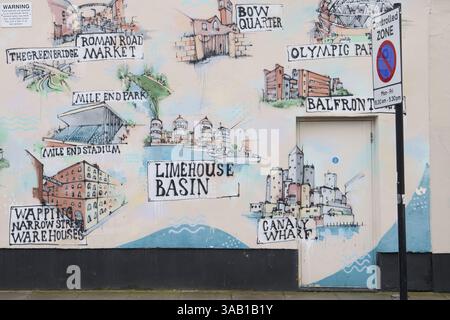 Tower Hamlets, murales con un cartello della zona controllata di Aberavon Road, Mile End, Londra-E3 Foto Stock