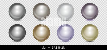 Set di palline 3d colorate realistiche, sfere di perle dorate e grigio metallizzato con luci e ombre brillanti su sfondo trasparente, vettoriale Illustrazione Vettoriale