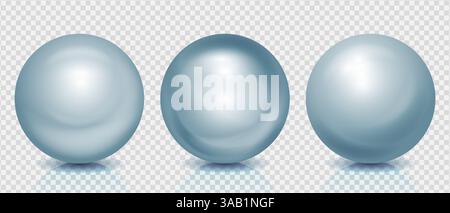 Set realistico di palline 3d blu argento, sfere di perle testurizzate con luci e ombre brillanti su sfondo trasparente, illustrazione vettoriale Illustrazione Vettoriale