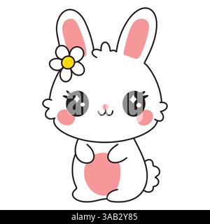 Carino personaggio di Cartoon Kawaii Easter Bunny. Illustrazione del vettore animale di primavera disegnata a mano Illustrazione Vettoriale