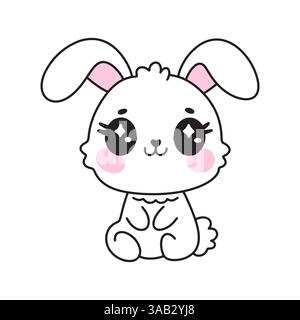 Carino adorabile Kawaii Cartoon Bunny Rabbit. Dolce e grazioso carattere pasquale. Illustrazione vettoriale su sfondo bianco Illustrazione Vettoriale