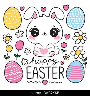 Carino biglietto di auguri di Pasqua con adorabile coniglietto Kawaii, uova colorate, fiori e cuori con contorno nero Illustrazione Vettoriale