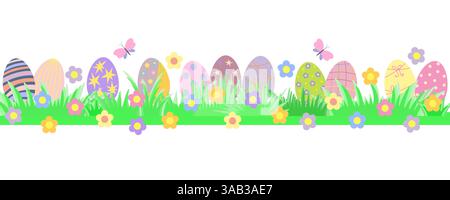 Striscione di uova di Pasqua con fiori carini, farfalle, prato primaverile a forma di doodle bordo orizzontale, illustrazione vettoriale disegnata a mano decorazione tradizionale per cartolina, poster, invito Illustrazione Vettoriale