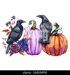 Acquerello di due corvi su una zucca. Schizzo ad acquerello disegnato a mano. Ideale per stampe, poster, cartoline e articoli di cancelleria. Foto Stock