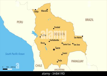 Mappa della Bolivia con le principali città e i paesi vicini Foto Stock
