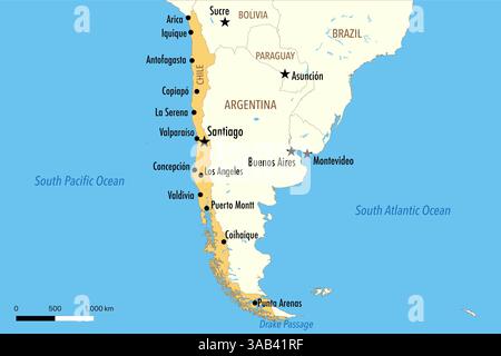 Mappa del Cile con le principali città e i paesi vicini Foto Stock