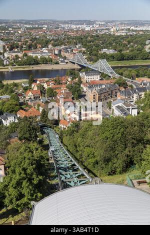 Vista di Loschwitz e dell'Elba con la meraviglia Blu dalla torre della stazione sospesa, Dresda, Sassonia, Germania, Europa Foto Stock