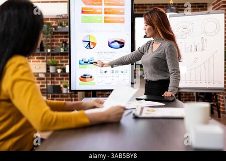 La donna asiatica mostra un riepilogo delle analisi sullo schermo del dispositivo, informando il suo collega sulle prestazioni dell'azienda. Consulente finanziario si presenta, spiegando le tendenze di crescita aziendale a una collega seduto. Foto Stock