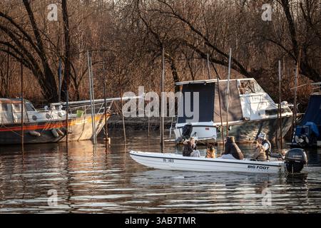 PANCEVO, SERBIA - 3 MARZO 2025: Persone, famiglia serba, godendosi una gita di piacere su un motoscafo sul fiume Tamis (Timis) a Pancevo, Serbia, Highl Foto Stock