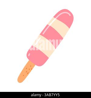 Delizioso gelato a strisce rosa e crema su un bastoncino di legno in un divertente stile cartoni animati Illustrazione Vettoriale