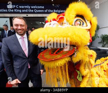 Hai Phong, Vietnam. 2 aprile 2025. Il ministro federale Maxime Prevot nella foto durante l'apertura del DEEP C Service Complex nella provincia di Quang Ninh, durante una visita di Stato in Vietnam, mercoledì 2 aprile 2025 a hai Phong. Il re e la regina sono in visita ufficiale di stato in Vietnam dall'1 al 3 aprile 2025. BELGA PHOTO BENOIT DOPPAGNE credito: Belga News Agency/Alamy Live News Foto Stock