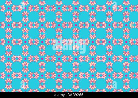 Un motivo senza cuciture caratterizzato da fiori rosa su uno sfondo blu brillante. I colori audaci e i motivi floreali creano un design allegro e vivace adatto Foto Stock