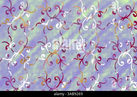 Un motivo decorativo senza cuciture con motivi floreali vorticosi nei toni rosso, bianco e oro su un morbido sfondo blu verde, ideale per gli sfondi o. Foto Stock