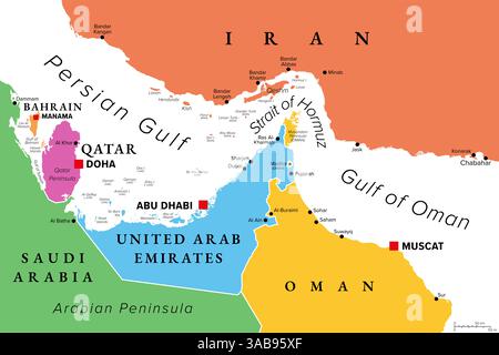 Mappa politica multicolore dello stretto di Hormuz. Via d'acqua tra il Golfo Persico e il Golfo dell'Oman. Punto di strozzatura strategicamente importante. Foto Stock