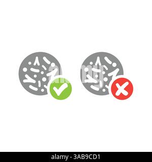 Microbiota sano e malsano con segno di spunta e croce. Set di icone vettoriali intestini o intestini. Illustrazione Vettoriale