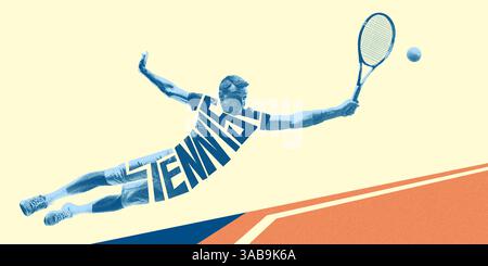 Uomo competitivo e determinato, tennista in movimento durante una partita intensa, giocando su sfondo astratto. Design artistico creativo Foto Stock