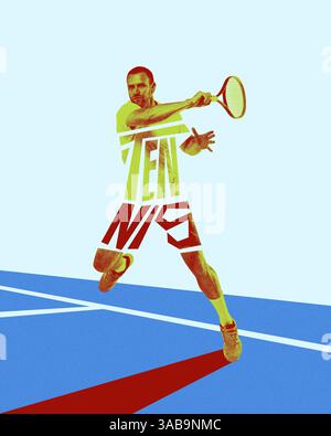 Immagine frontale dell'uomo concentrato e determinato, tennista in movimento con racchetta, che fa un potente swing. Design artistico creativo. Foto Stock