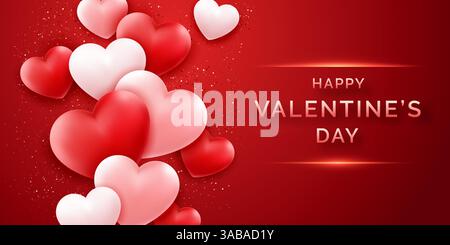 Banner vettoriale orizzontale di San Valentino con rosa brillante e rosso e coriandoli. Illustrazione della tessera festiva su sfondo rosso Illustrazione Vettoriale