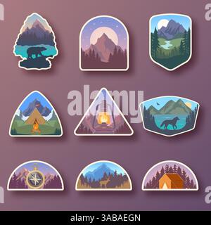 Set di nove emblemi di viaggio in montagna vettoriali. Emblemi, badge e logo per l'avventura all'aperto in campeggio. Turismo di montagna, escursioni. Etichette natura nel vin Illustrazione Vettoriale