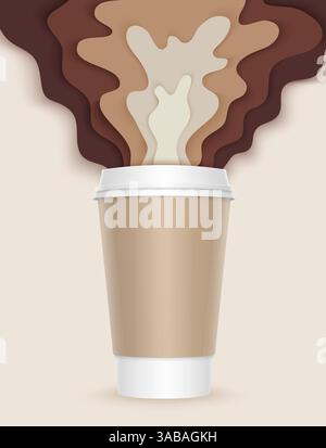 tazza da caffè 3d con macchie e ombre di caffè papercut. Spruzzi di caffè. Tazza da caffè vettoriale di carta da asporto usa e getta in stile realistico Illustrazione Vettoriale