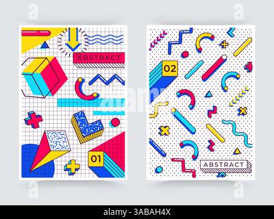 Due poster vettoriali di memphis. Elementi di trend astratti degli anni '90 con forme geometriche semplici e multicolore. Forme con triangoli, cerchi, linee Illustrazione Vettoriale
