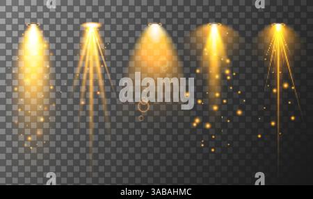 Raccolta di diversi effetti luminosi gialli verticali. Le lenti brillano, i raggi, le stelle e scintillano con la collezione bokeh. Luce trasparente vettoriale eff Illustrazione Vettoriale