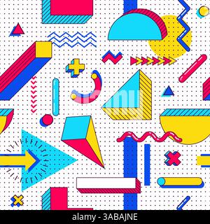 Pattern memphis vettoriale senza cuciture. Elementi di trend astratti degli anni '90 con forme geometriche semplici e multicolore. Forme con triangoli, cerchi, linee Illustrazione Vettoriale