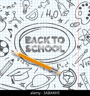 Modello banner di ritorno a scuola. Materiale didattico vettoriale disegnato a mano su un foglio di elenco e una matita Illustrazione Vettoriale
