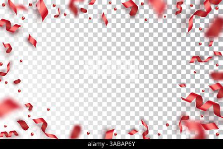 Coriandoli, serpentina, palle e nastri rossi. Sfondo trasparente vettore celebrazione. Composizione con serpentina in caduta Illustrazione Vettoriale