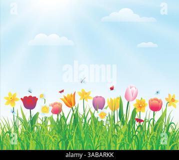 Sfondo naturale primaverile o estivo con erba verde e fiori. Illustrazione del vettore Illustrazione Vettoriale