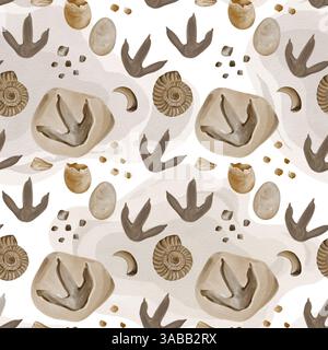 Motivo senza cuciture con impronte di dinosauro. Antichi fossili, conchiglie e ammoniti. Uova di dinosauro intere e rotte. Ciottoli e frammenti di shell Foto Stock