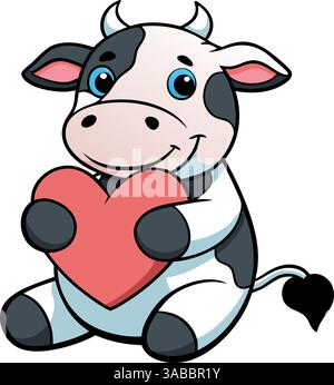 Carina mucca cartoni animati che tiene il cuore rosso isolato su sfondo bianco. Illustrazione Vettoriale