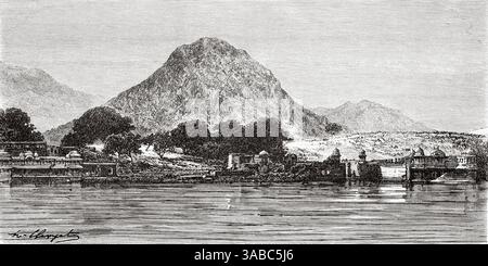 Lago Pushkar, lago sacro degli indù. Pushkar, distretto di Ajmer. Rajasthan, India. Disegno di Hubert Clerget (1818-1899) India dei Rajah 1864 - 1868. Viaggia nell'India centrale e nelle Presidenze di Bombay e Bengala di Louis Rousselet (1845-1929) le Tour du Monde 1872 Foto Stock
