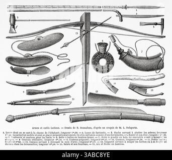 Armi e strumenti laotiani. 1) lancia utilizzata per la caccia agli elefanti; lunghezza 4m,20. — 2. Lancia della fanteria. — 3. Ascia utilizzata per abbattere alberi; lunghezza 1m,20; la parte è mobile e può essere posizionata perpendicolarmente. Viene poi usato come un adze. — 4. Rasoio e sua custodia; lunghezza 0m,20. - 5. Cacciavite e martello per fucili. — 6. Scatola proiettile in bambù intrecciato. — 7. Matraccio in polvere di legno. Il coperchio viene utilizzato per misurare le cariche. - 8 coltello ordinario; lunghezza om 40. — 9. Coltello da pugnale: Lunghezza om 25. — 10. Forbici; lunghezza om 30. - 11. Ascia piccola; lunghezza om 30. - 12. Forbici per il taglio di areca; lunghezza m, 17. Foto Stock