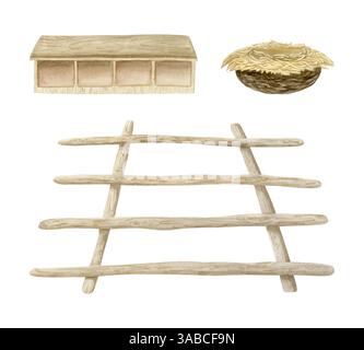 Coop di pollo con scala di prugne, nido e scatola di nido, illustrazione acquerello isolata su sfondo bianco. Pollaio in legno disegnato a mano Foto Stock