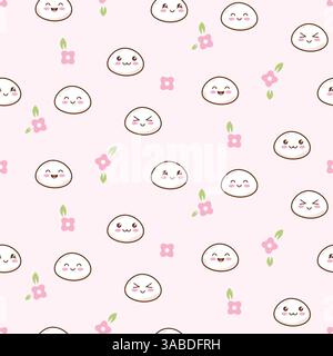 Mochi carini personaggi espressioni facciali diverse pattern senza cuciture. Sfondo rosa chiaro con motivi di cibo asiatico. Illustrazione Vettoriale