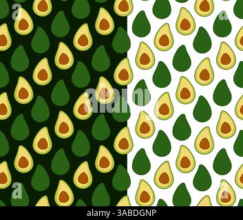 Motivo senza cuciture con avocado. Tessuti dal design piatto vettoriale, biglietti d'auguri, poster, carta da imballaggio. Illustrazione disegnata a mano. Mangiate verde Illustrazione Vettoriale