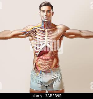Diagramma dei sistemi anatomici totali MAN con effetto fantasma. Vista frontale della parte superiore su sfondo luminoso. Foto Stock
