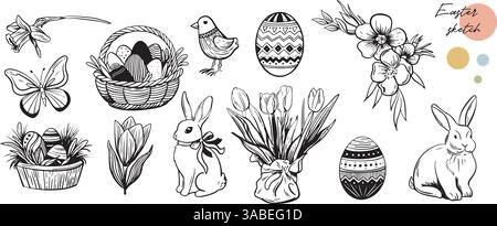 Buon set di spaghetti di Pasqua. Coniglio pasquale, farfalla, pulcino, uova, rami, fiori in stile schizzo. Illustrazione vettoriale isolata su sfondo bianco. Illustrazione Vettoriale