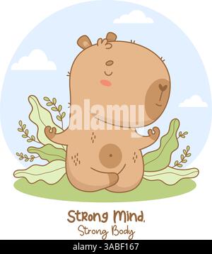 Il carino Capybara medita in posa di loto in natura. Divertente e calmo atleta cartoni animati personaggio kawaii yogi animale con slogan motivazionale. Illustrazione vettoriale Illustrazione Vettoriale