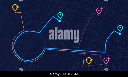 Illustrazione vettoriale. L'icona Anchor e le linee di percorso mostrano la direzione globale dell'investimento all'interno della logistica basata sulle scorte e degli ecosistemi finanziari. Illustrazione Vettoriale