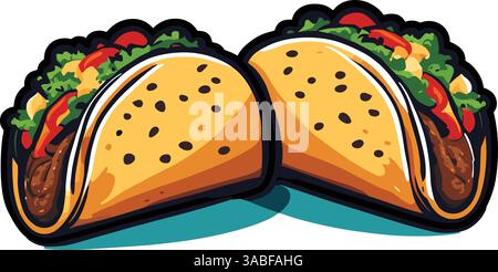 Due deliziosi tacos ripieni di carne, lattuga, pomodori e formaggio, presentati in uno stile colorato e cartoni animati. Illustrazione Vettoriale