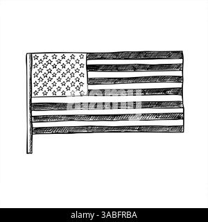 Bandiera USA sull'asta portabagagli in bianco e nero. Simbolo nazionale americano. per progetti patriottici, progetti governativi Illustrazione Vettoriale