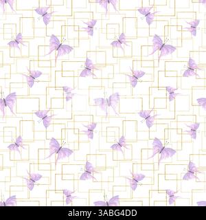 Le farfalle rosa fluttuanti dell'acquerello su contorni dorati intrecciati incorniciano lo sfondo isolato con motivo senza cuciture. Insetti volanti astratti Foto Stock